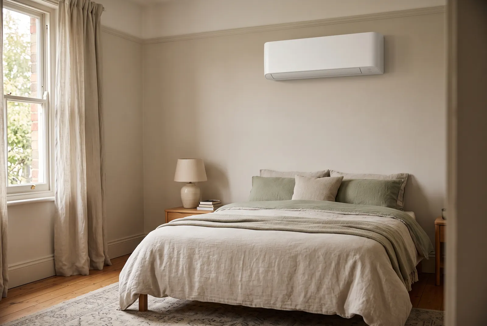 A bedroom with a slim white air conditioning unit fitted high on the wall above the bed