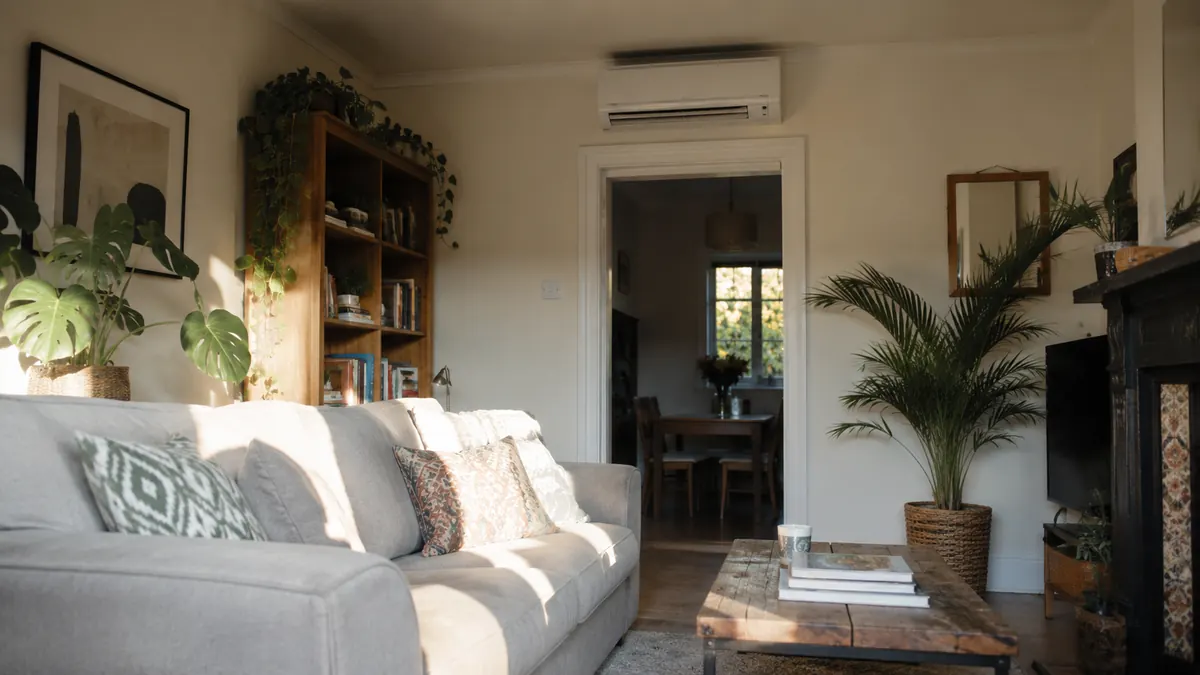 A living room with a wall unit above the door and afternoon sun across the sofa
