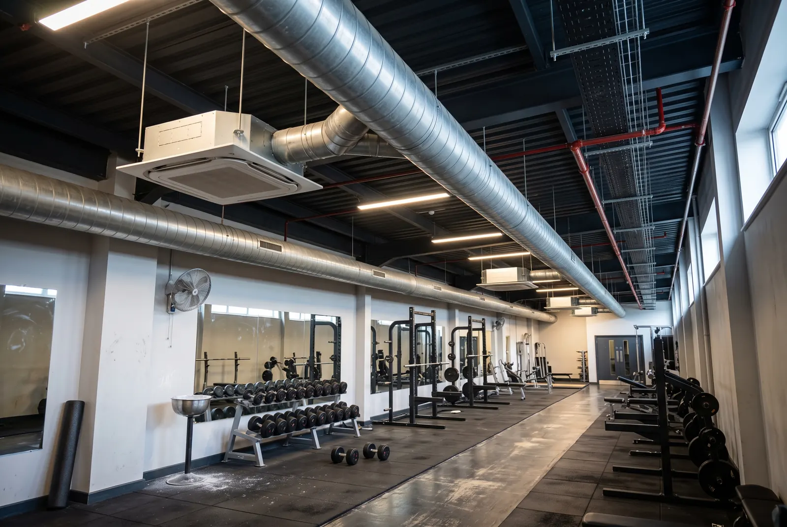 A gym with an open industrial ceiling, spiral ductwork and ceiling cassette units tied into the run