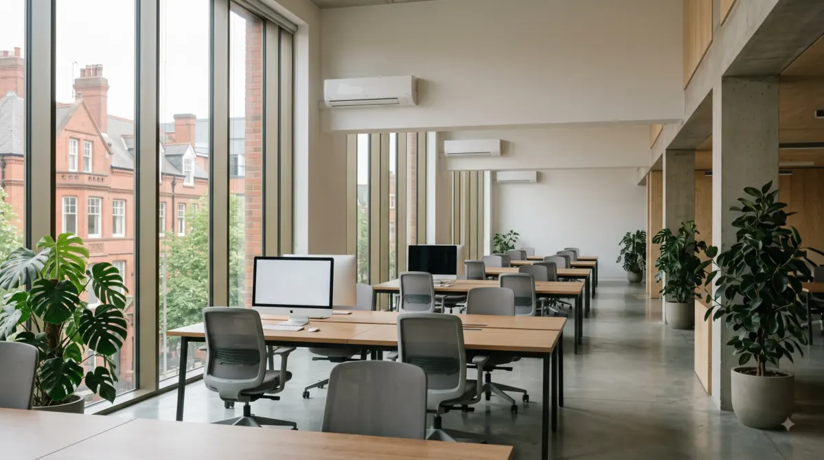 An open-plan office fitted with air conditioning