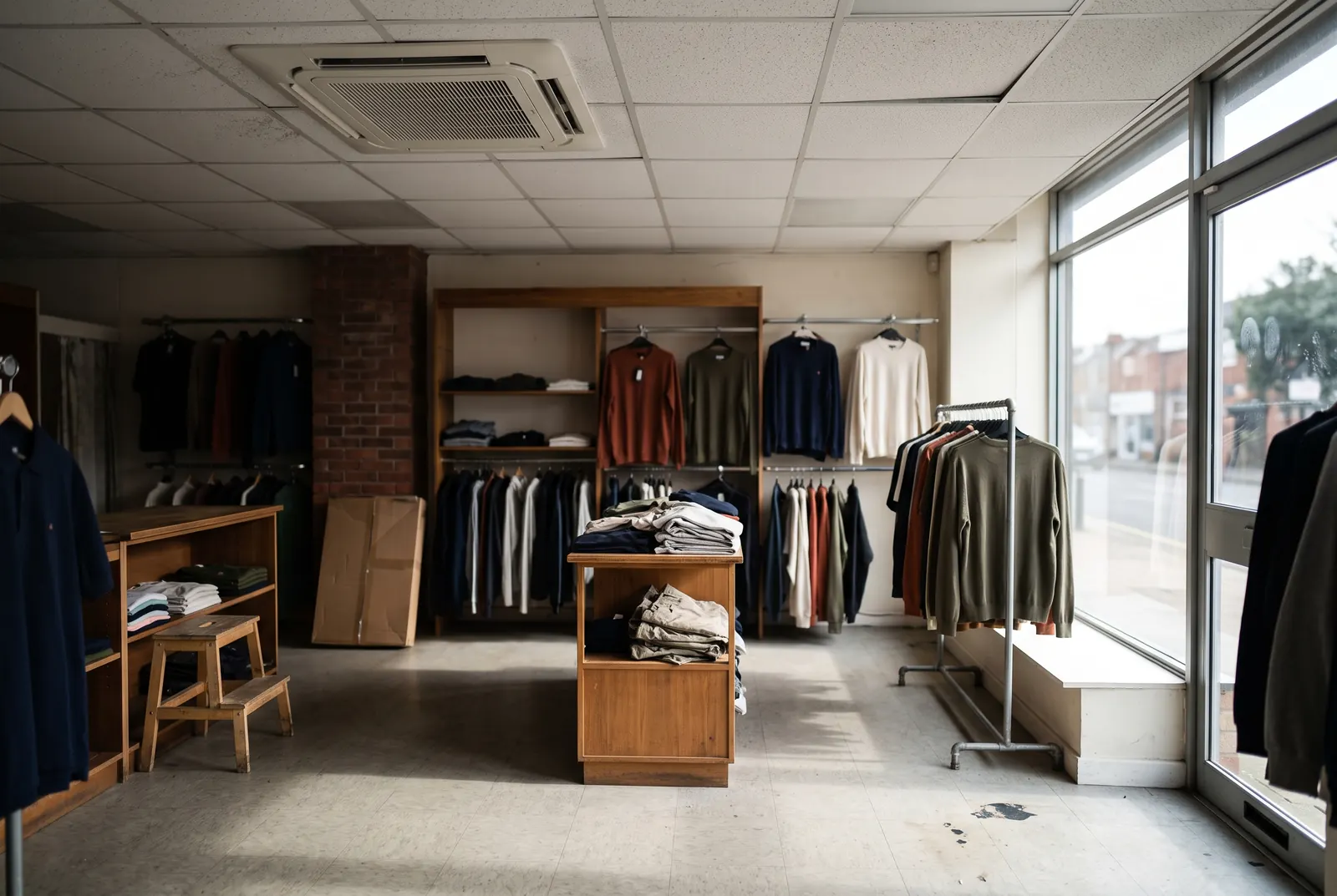 A small high-street shop with a ceiling cassette air conditioning unit set into the suspended ceiling