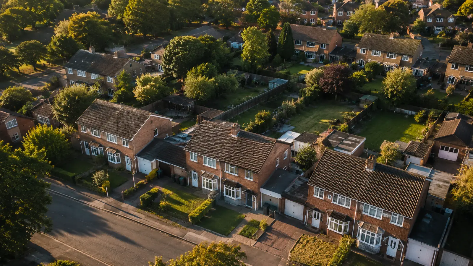 An aerial view of a Midlands residential street of terraced and semi-detached houses