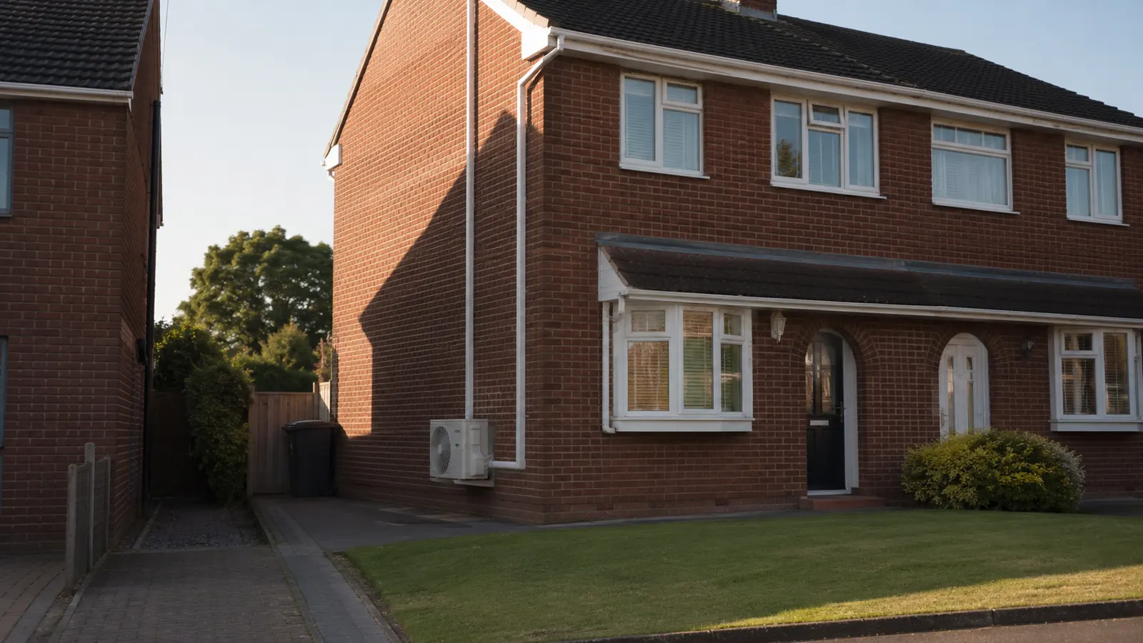 A red brick semi in evening sun with a small outdoor unit tucked low on the side wall
