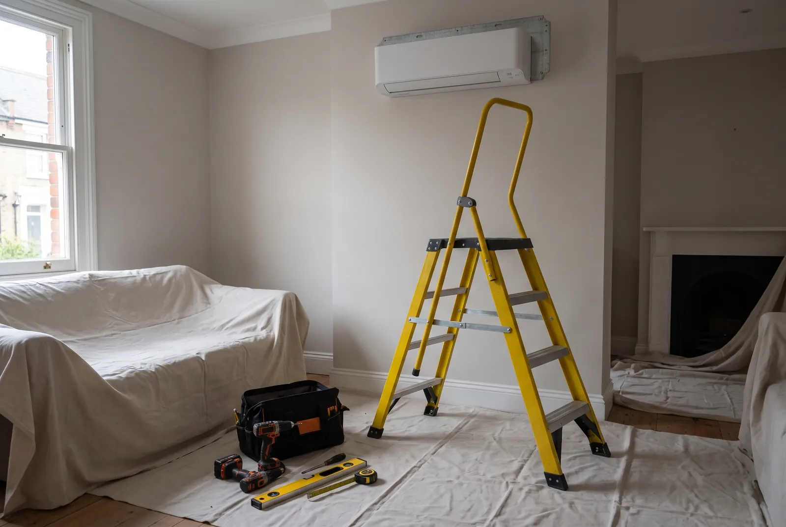 A living room part-way through an installation, with dust sheets over the floor and sofa, a fibreglass step ladder, a tool bag and the indoor unit already on the wall