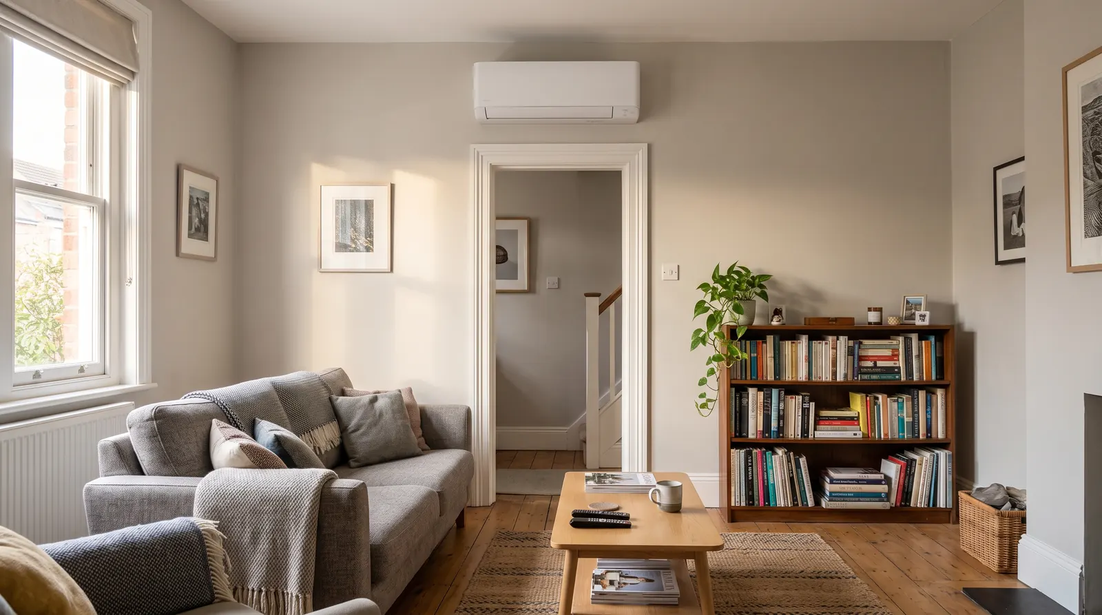 A living room with a slim white air conditioning unit fitted high on the wall above the doorway, out of the eyeline