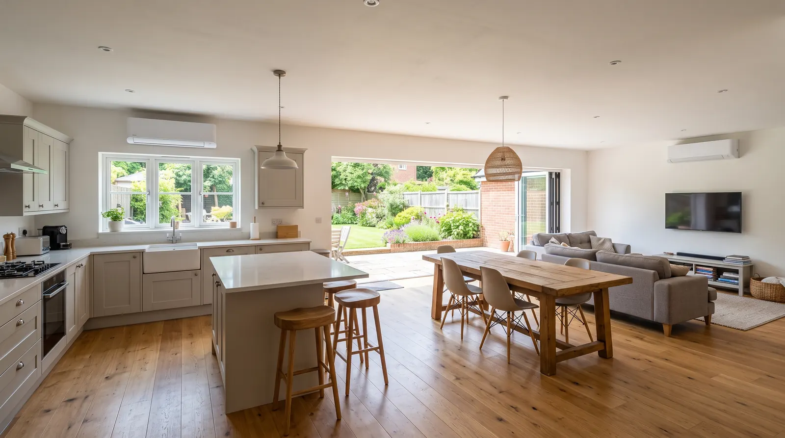 An open-plan kitchen, dining and living space with two separate wall-mounted air conditioning units, one at each end