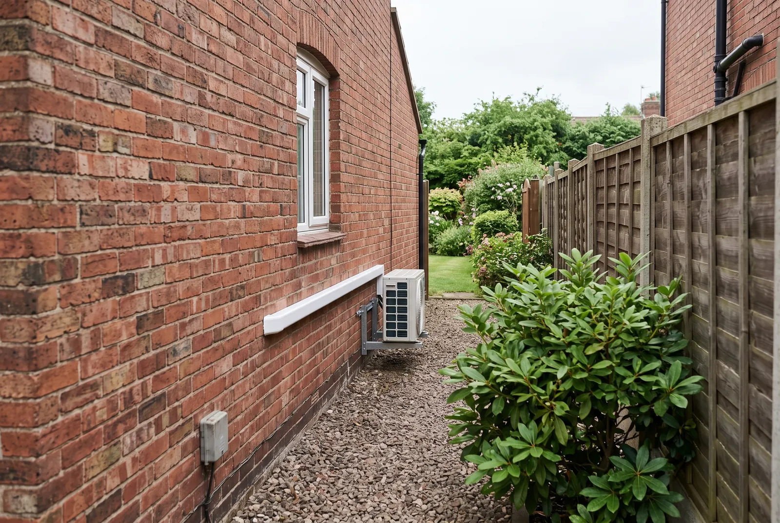 The side passage of a brick house, with a small air conditioning unit mounted low on the wall and barely noticeable