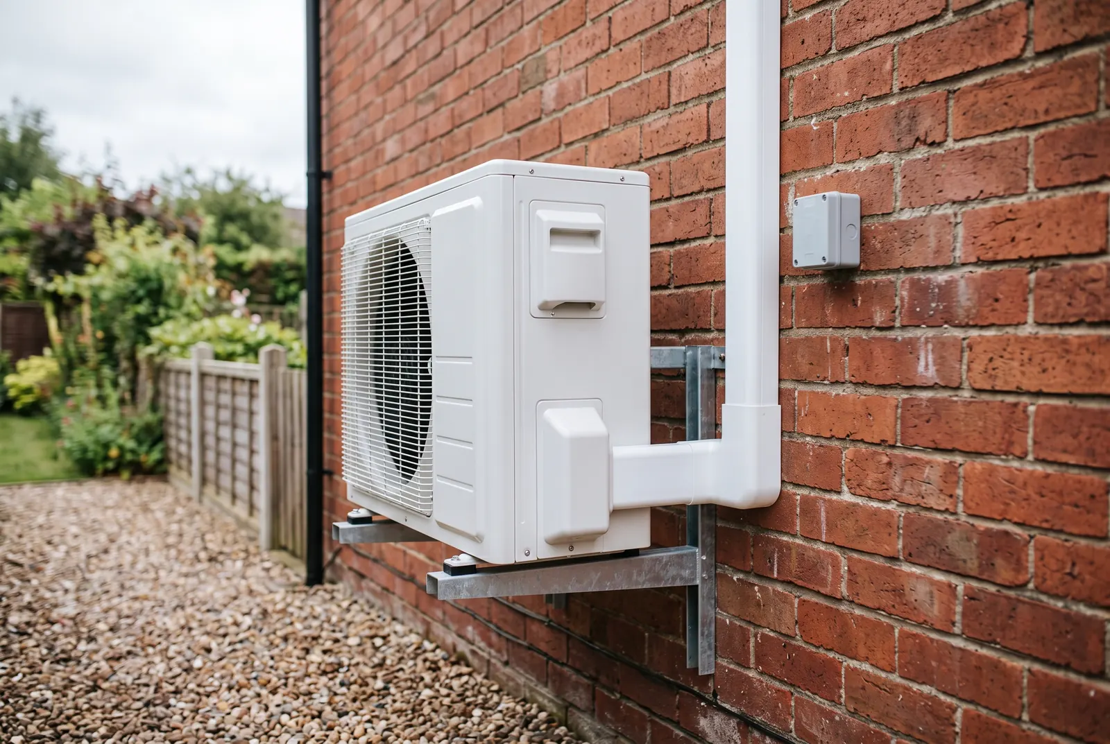 An outdoor air conditioning unit on wall brackets, with all pipework enclosed in white trunking and an isolator switch beside it