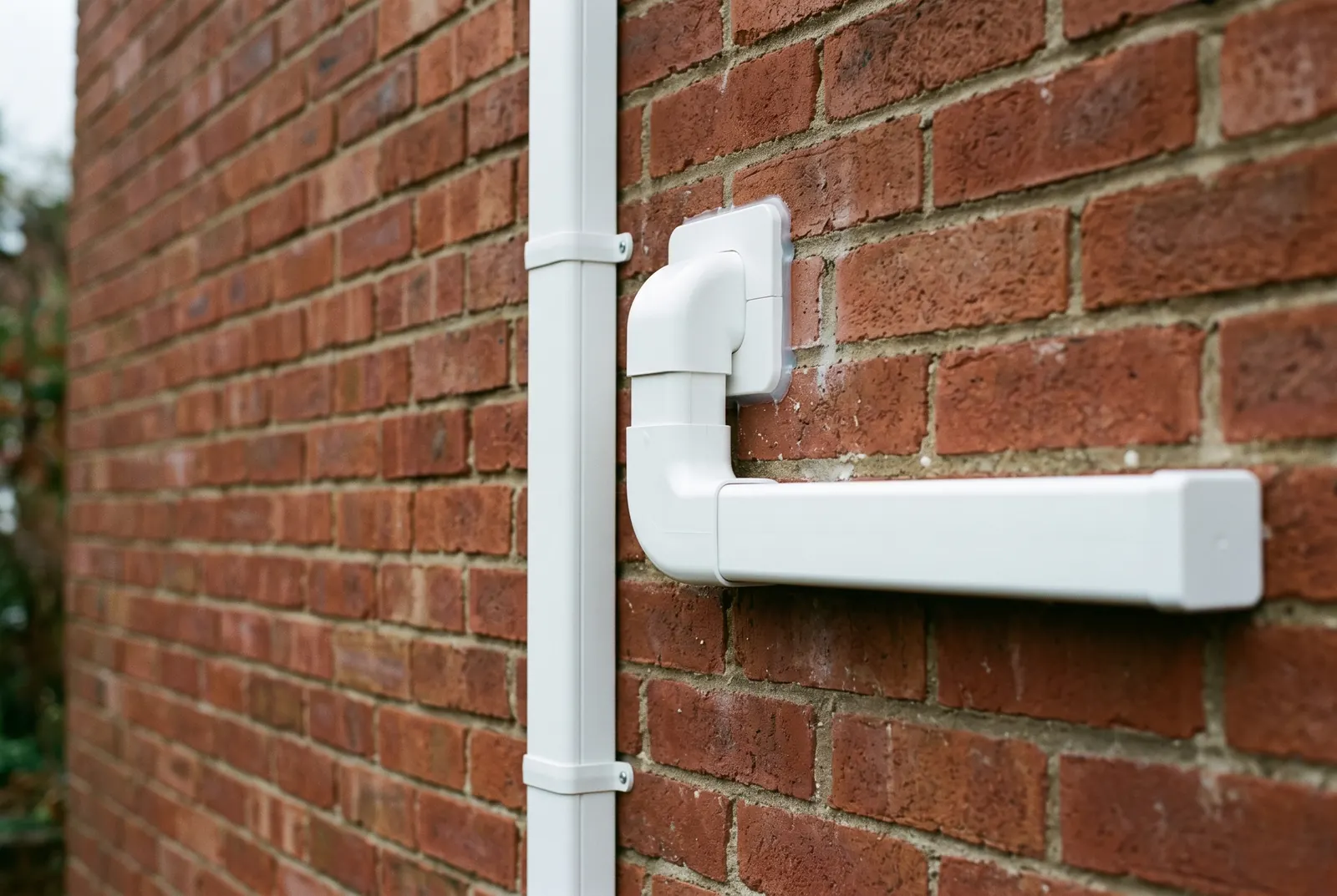White trunking running down a red brick wall into a neat capped and sealed wall entry