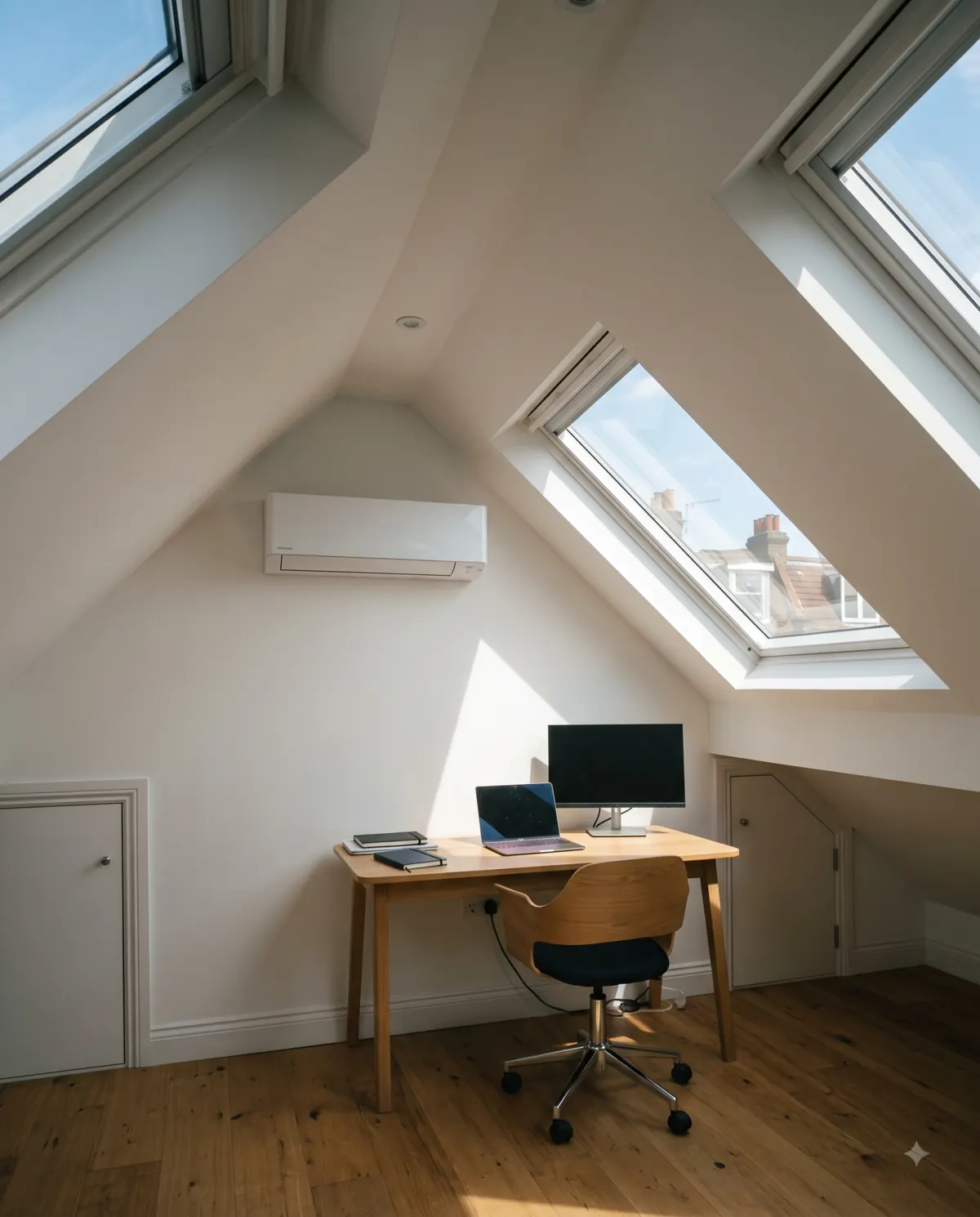 A loft conversion office with a sloped ceiling and rooflight